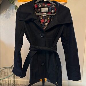 dELiA*s Black Wool Trench Coat with Patterned Lining